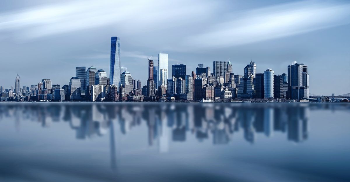 The Lower Manhattan skyline seen across the water from the Seaport waterfront